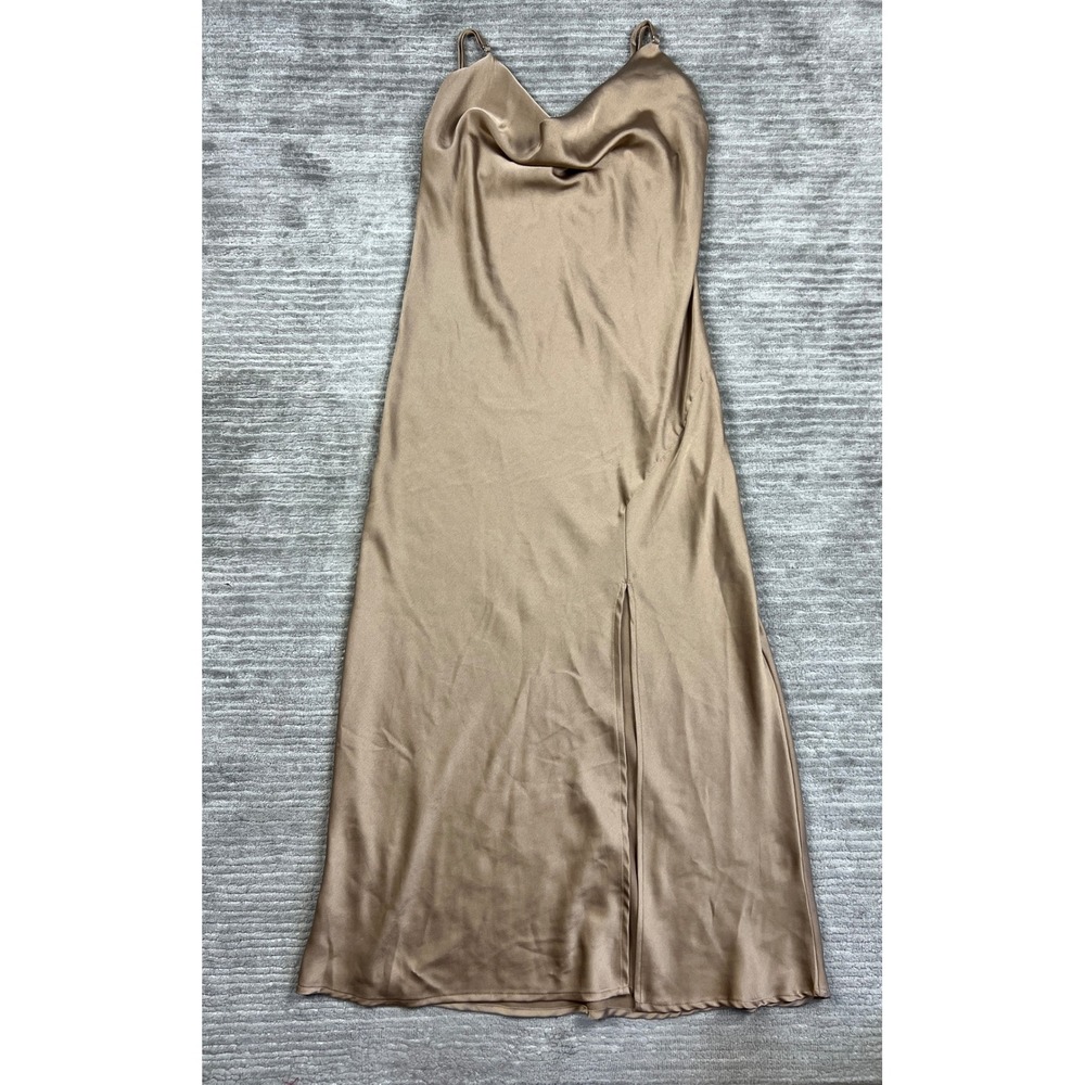 Paper Heart Midi Dress Women Medium Bronze Satin Cowl Neck Slip Side Slit PH9515